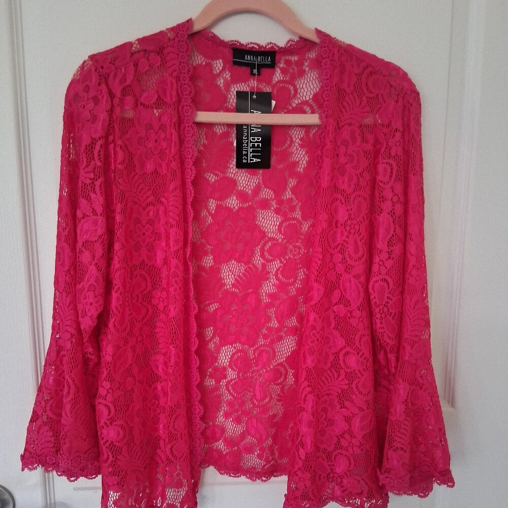 Annabella Blouse Women XL Pink Lace Open Bell Sleeves New